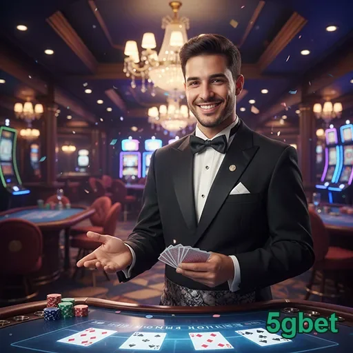 Dealer sorridente em mesa de cassino na 5gbet.