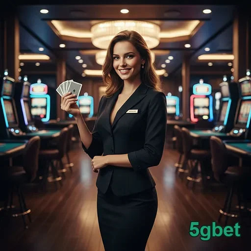 Atendente segurando cartas em ambiente de cassino 5gbet.